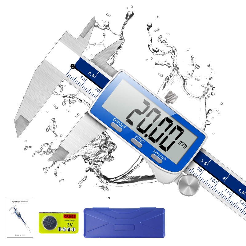 Qfun Digital Caliper, 0-6inch Caliper Measuring Tool Extreme Accuracy IP54 Waterproof Electronic Vernier Caliper Stainless Steel Digital Micrometer with Extra Large LCD Screen - Image 1