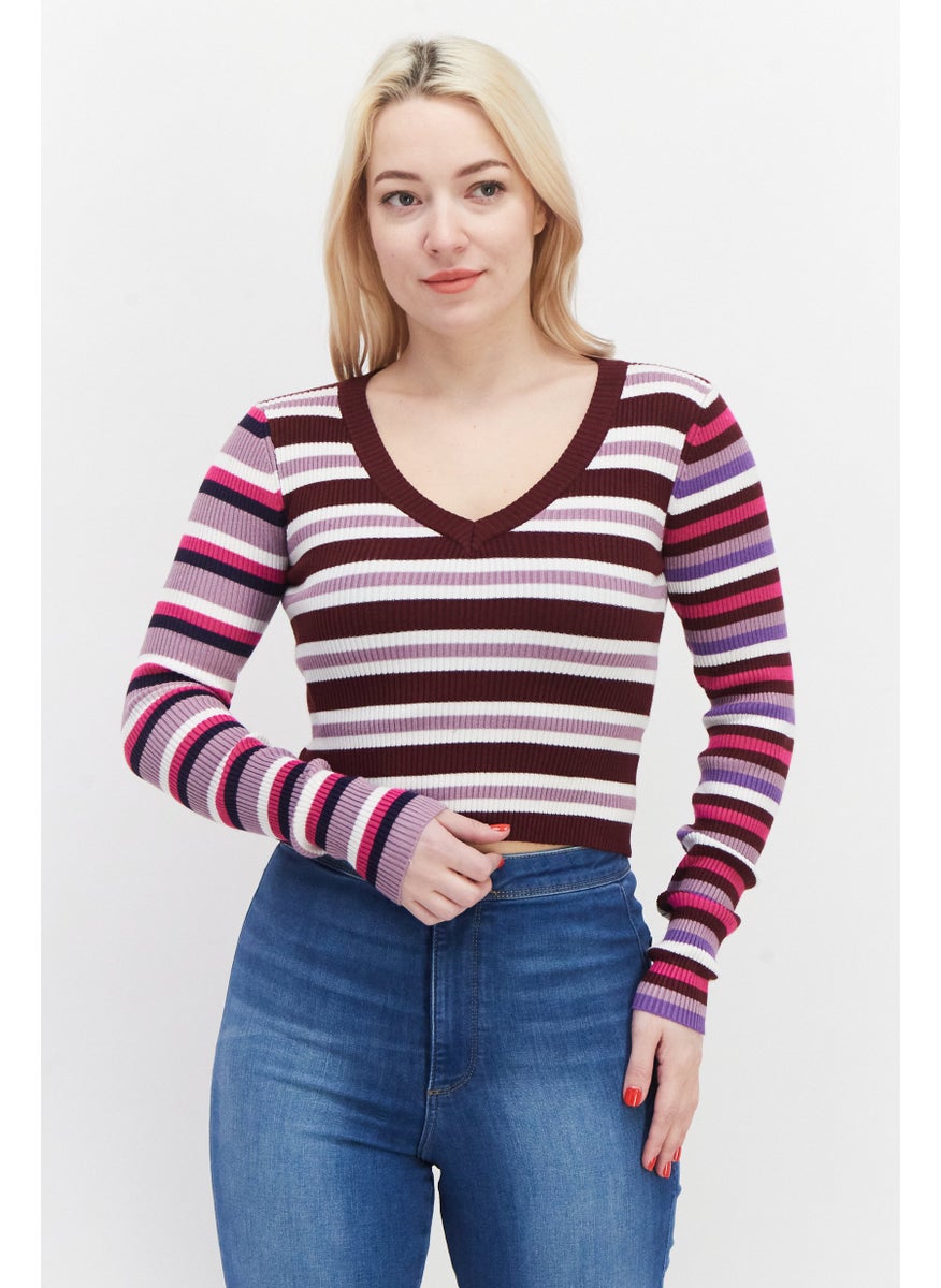 Women V-Neck Long Sleeve Stripe Sweater, Maroon - pzsku/Z330F726C47C5E6443508Z/45/_/1737641972/7c0d9268-5c73-4ba1-a312-2dba8895b521