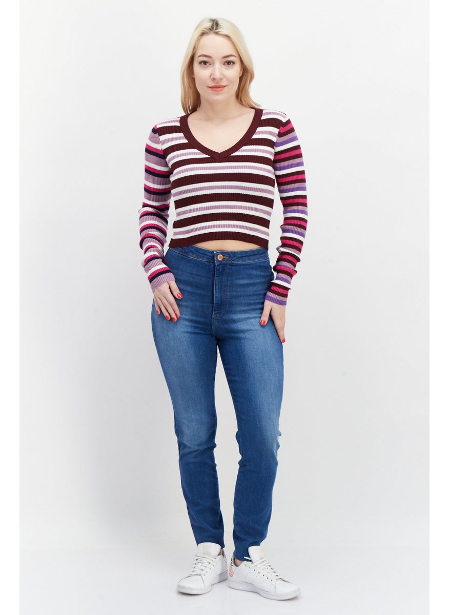 Women V-Neck Long Sleeve Stripe Sweater, Maroon - pzsku/Z330F726C47C5E6443508Z/45/_/1737641976/ceae101a-8372-4a19-bc23-b7a90ed3ffee