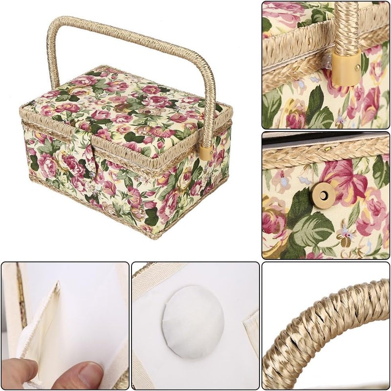 woobles Sewing Basket,Craft Sewing Tool Needle Thread Basket Fabric Household Fruit Picnic Basket Linen Floral Picnic Storage Basket Container Case Box Cloth Toy Organizer Holiday Camping Use - Image 4