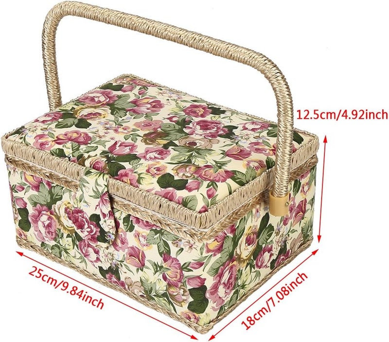 woobles Sewing Basket,Craft Sewing Tool Needle Thread Basket Fabric Household Fruit Picnic Basket Linen Floral Picnic Storage Basket Container Case Box Cloth Toy Organizer Holiday Camping Use - Image 3
