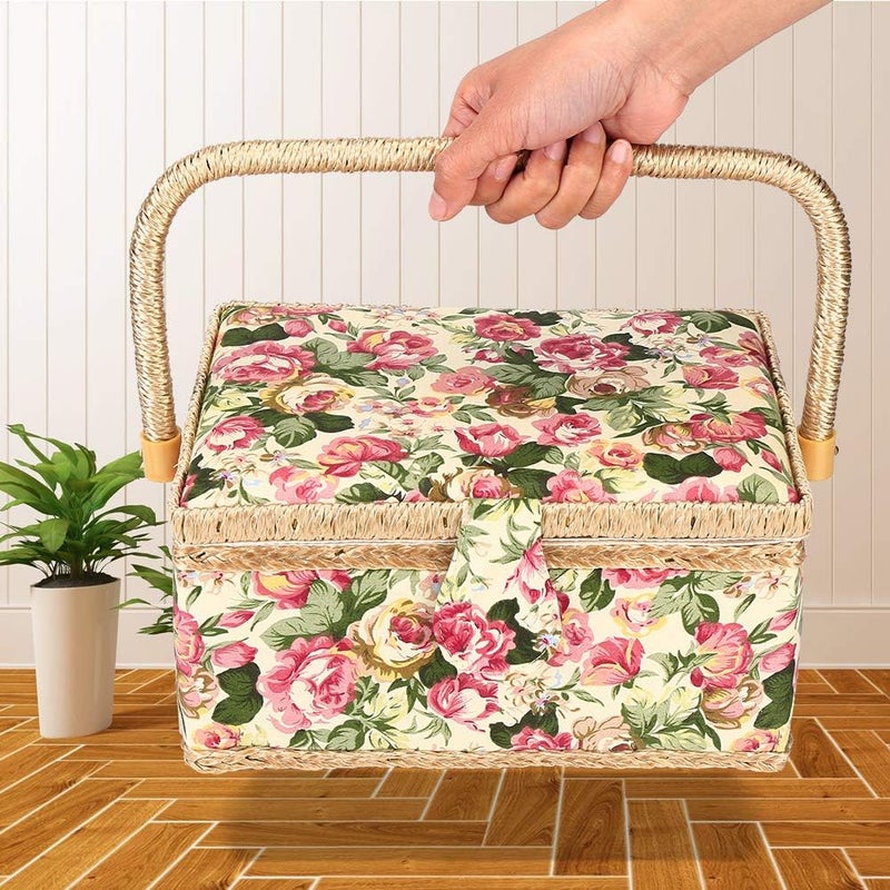 woobles Sewing Basket,Craft Sewing Tool Needle Thread Basket Fabric Household Fruit Picnic Basket Linen Floral Picnic Storage Basket Container Case Box Cloth Toy Organizer Holiday Camping Use - Image 5