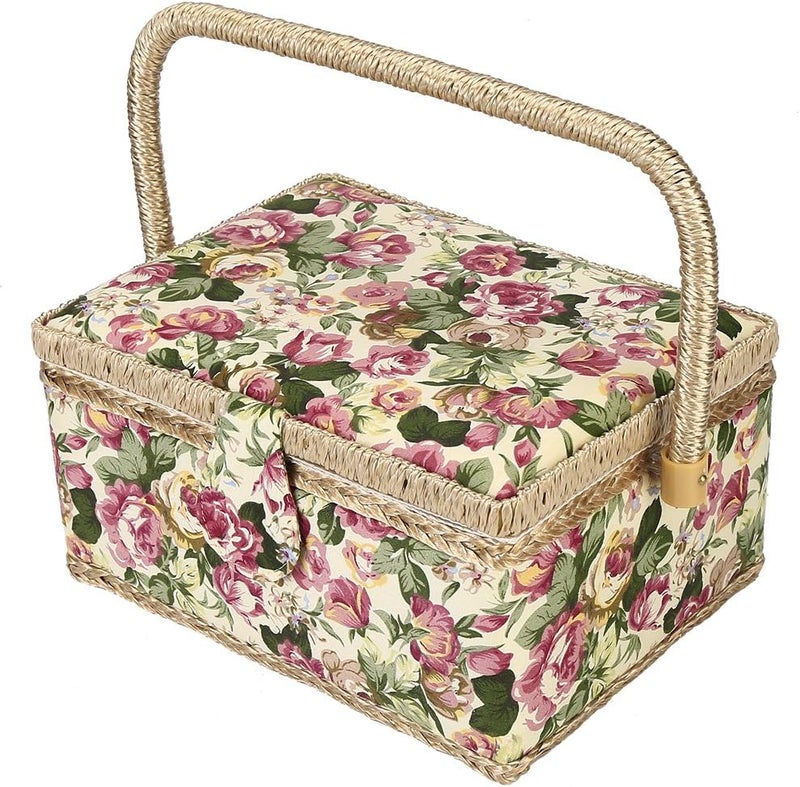 woobles Sewing Basket,Craft Sewing Tool Needle Thread Basket Fabric Household Fruit Picnic Basket Linen Floral Picnic Storage Basket Container Case Box Cloth Toy Organizer Holiday Camping Use - Image 1