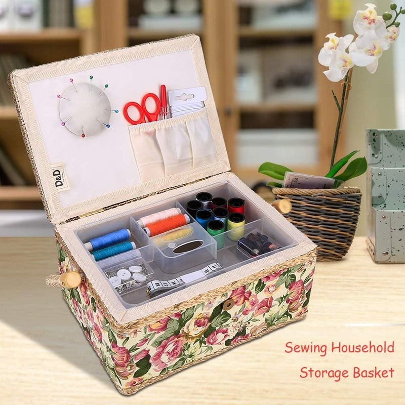 woobles Sewing Basket,Craft Sewing Tool Needle Thread Basket Fabric Household Fruit Picnic Basket Linen Floral Picnic Storage Basket Container Case Box Cloth Toy Organizer Holiday Camping Use - Image 2