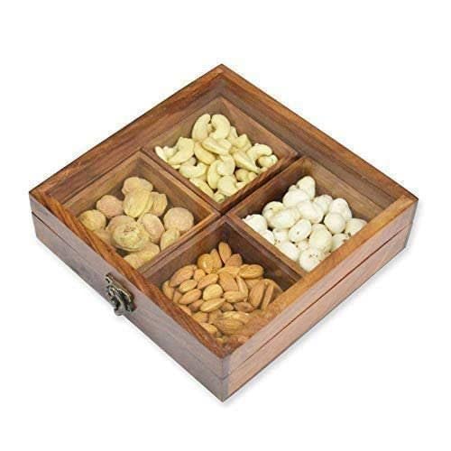 OGGN Handcrafted Square Wooden Dry Fruit Box with Lid Printed Four Partition Wood Dry Fruits DabbaSpice BoxNamak Daani Multipurpose Storage Container for Kitchen 1N 20 X 20 Cm - Image 4