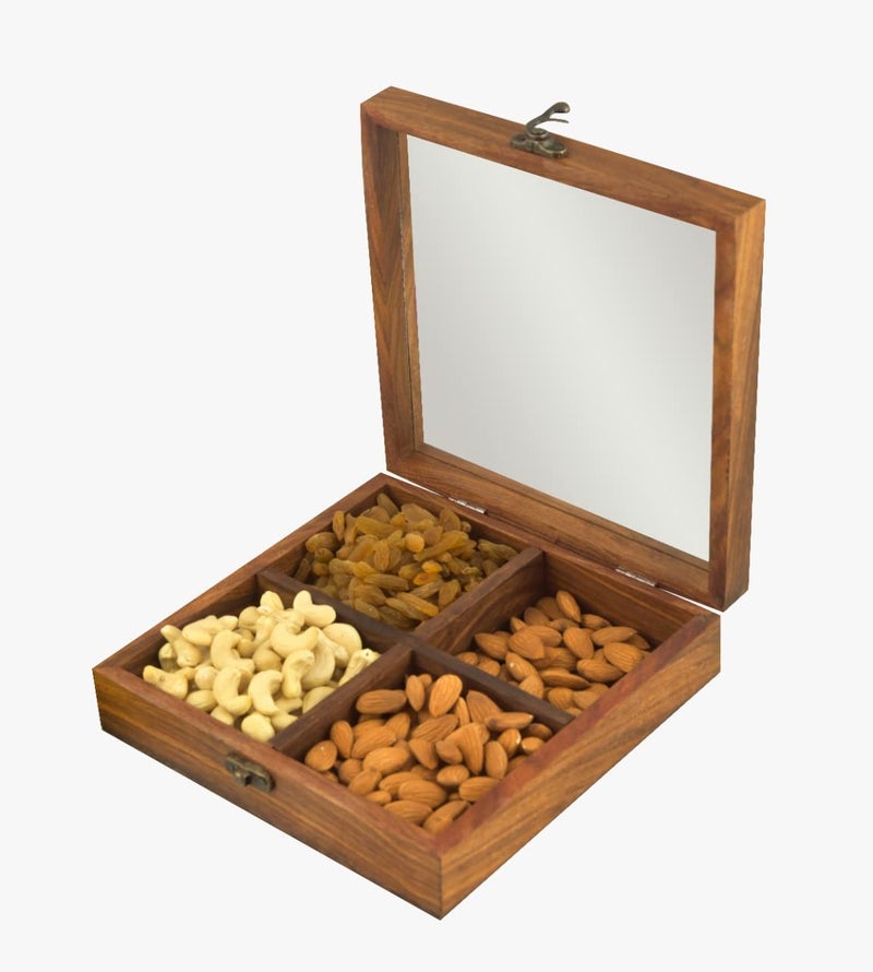 OGGN Handcrafted Square Wooden Dry Fruit Box with Lid Printed Four Partition Wood Dry Fruits DabbaSpice BoxNamak Daani Multipurpose Storage Container for Kitchen 1N 20 X 20 Cm - Image 5