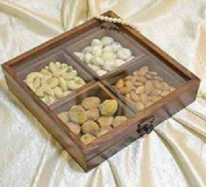 OGGN Handcrafted Square Wooden Dry Fruit Box with Lid Printed Four Partition Wood Dry Fruits DabbaSpice BoxNamak Daani Multipurpose Storage Container for Kitchen 1N 20 X 20 Cm - Image 1