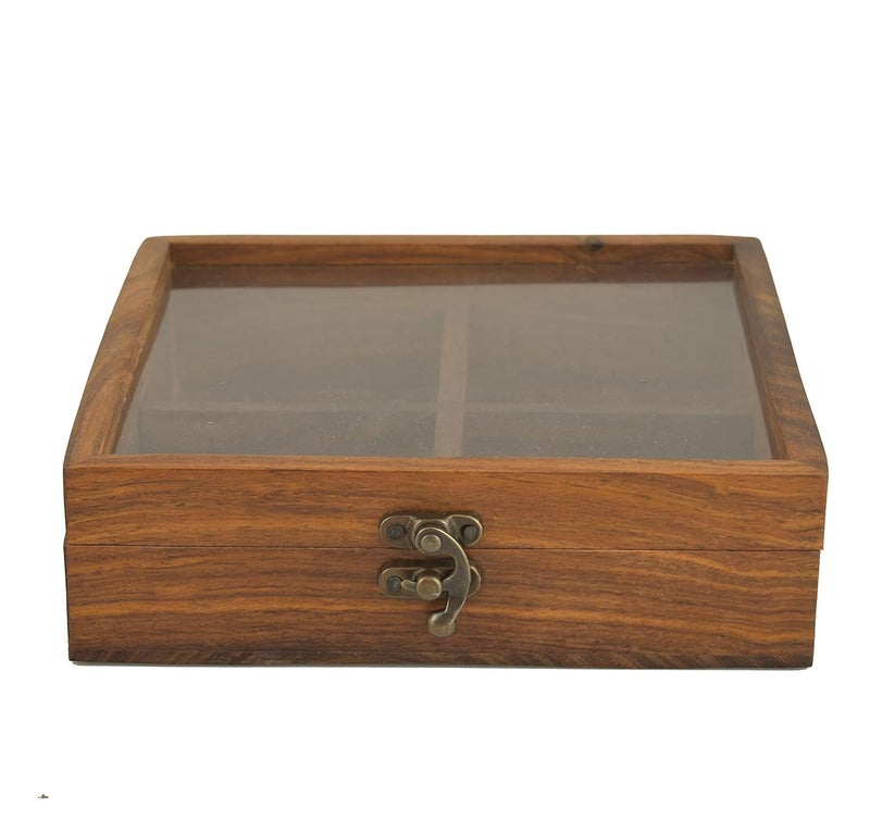 OGGN Handcrafted Square Wooden Dry Fruit Box with Lid Printed Four Partition Wood Dry Fruits DabbaSpice BoxNamak Daani Multipurpose Storage Container for Kitchen 1N 20 X 20 Cm - Image 3