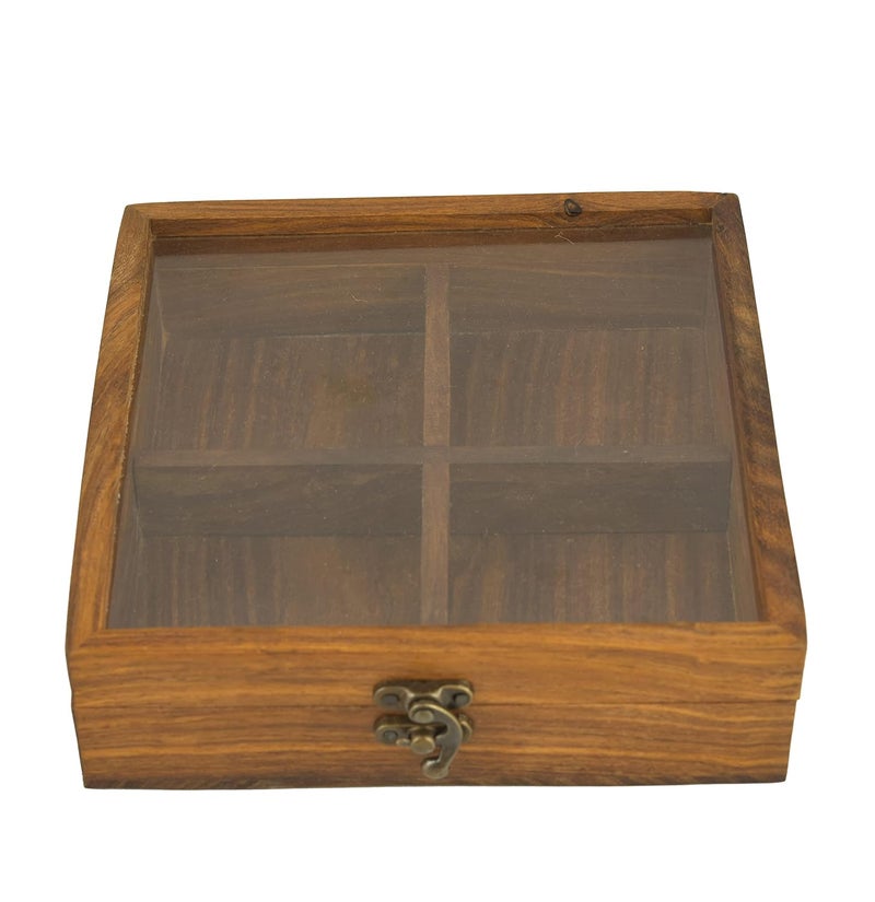 OGGN Handcrafted Square Wooden Dry Fruit Box with Lid Printed Four Partition Wood Dry Fruits DabbaSpice BoxNamak Daani Multipurpose Storage Container for Kitchen 1N 20 X 20 Cm - Image 2
