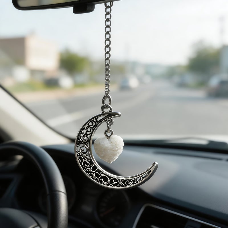 Green Vintage Silver Moon Car Rearview Mirror Pendant with Heart Shape Floral Accents - Image 1