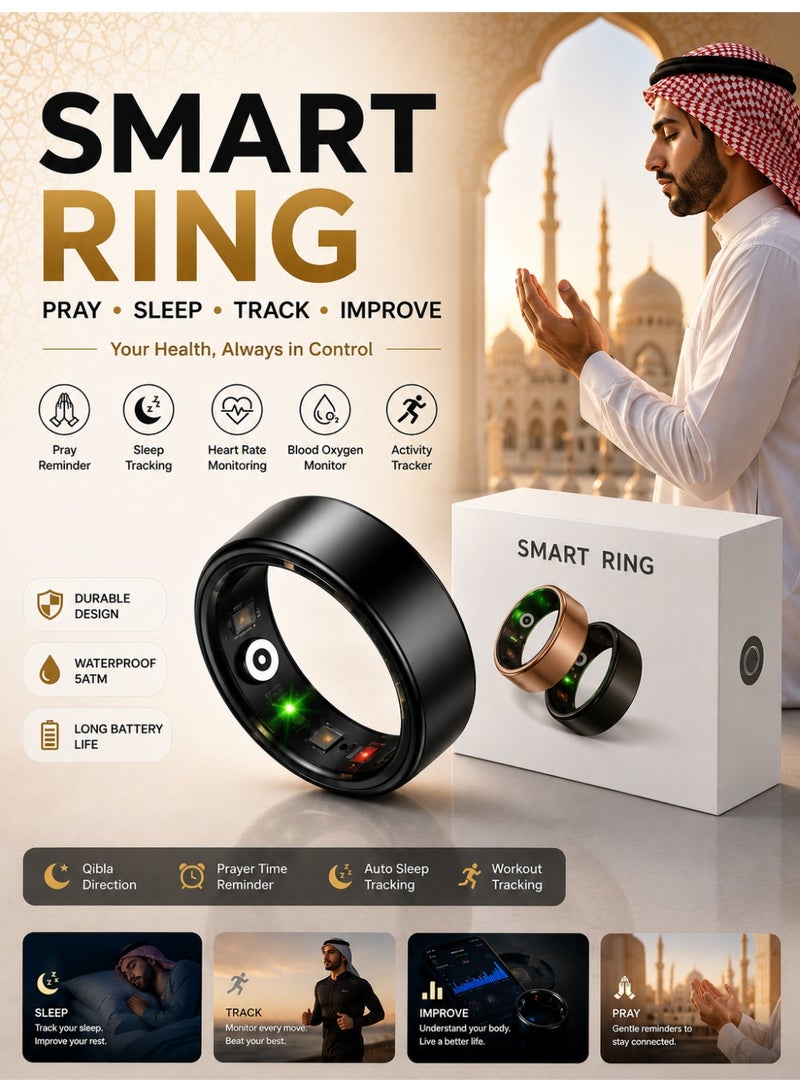 صلي من أجل خاتم ذكي لتتبع الصحة، خاتم ذكي للرجال، خاتم صحي للجنسين، خاتم نوم متين، متتبع لياقة بدنية مقاوم للماء (رمادي غامق، 20.6 مم) - Image 1