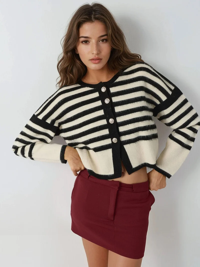 MY FASHION MY FASHION Striped Knit Cardigan with Button Closure