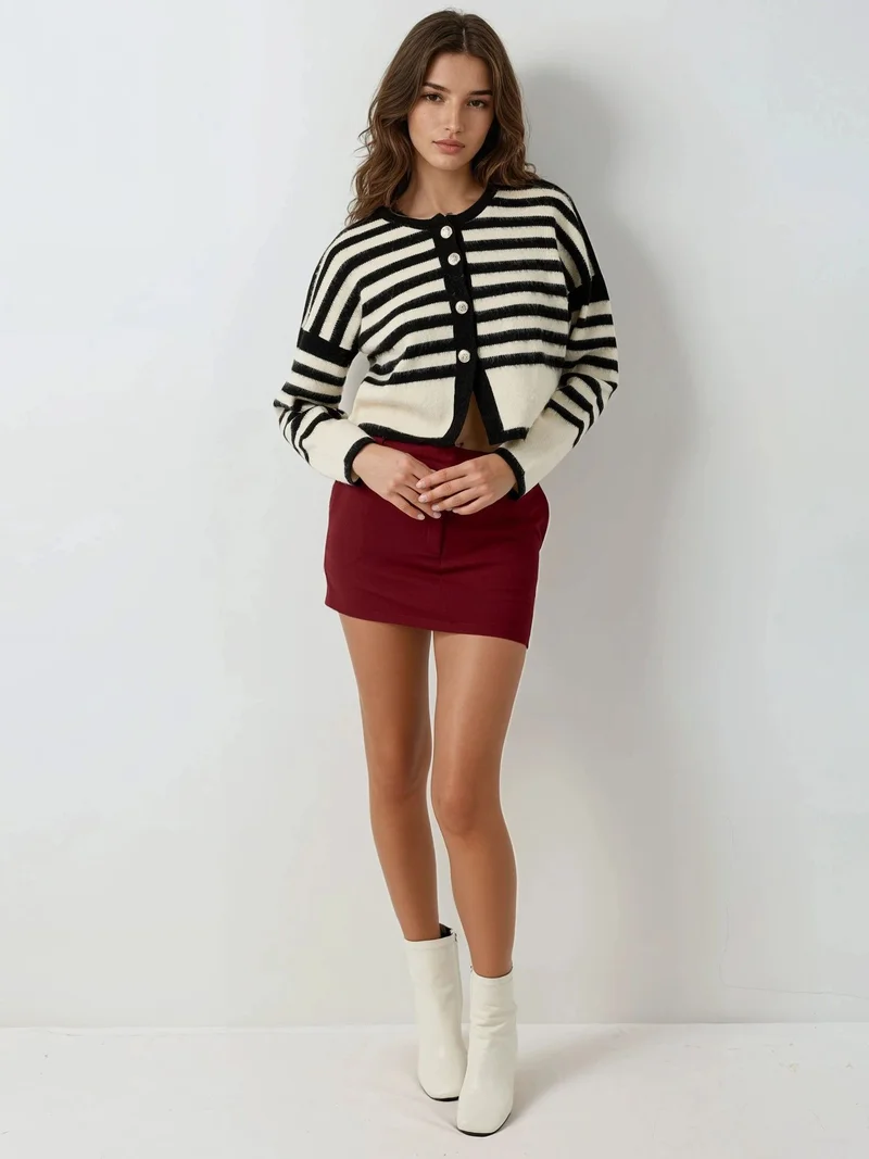 MY FASHION Black MY FASHION Striped Knit Cardigan with Button Closure for Women | Best Price UAE