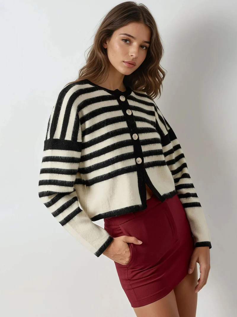 MY FASHION Black MY FASHION Striped Knit Cardigan with Button Closure for Women | Best Price UAE