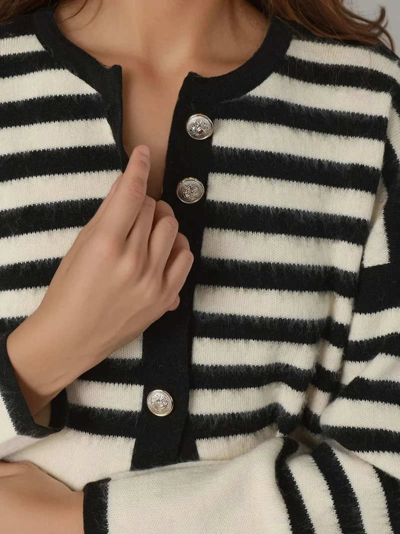 MY FASHION Black MY FASHION Striped Knit Cardigan with Button Closure for Women | Best Price UAE