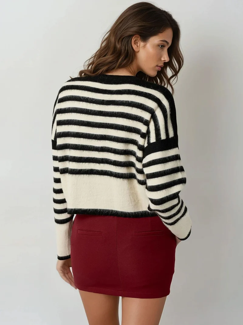 MY FASHION Black MY FASHION Striped Knit Cardigan with Button Closure for Women | Best Price UAE