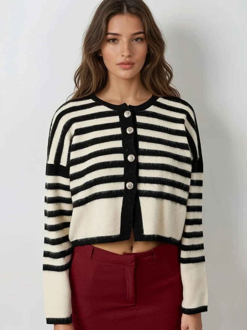 MY FASHION Black MY FASHION Striped Knit Cardigan with Button Closure for Women | Best Price UAE