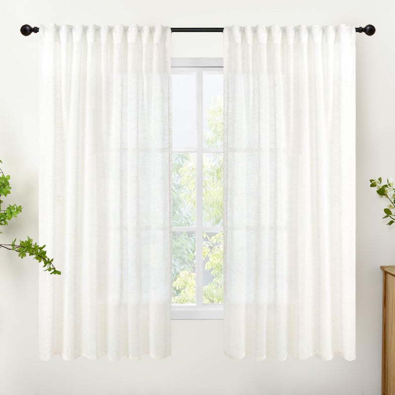 YoungsTex Linen Semi Sheer Curtains 63 Inch Length for Living Room Windows, Ivory White Light Filtering Drapes with Rod Pocket Back Tab Natural Textured for Bedroom, 52 X 63 Inch - Image 1