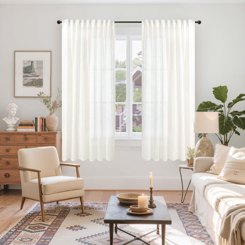 YoungsTex Linen Semi Sheer Curtains 63 Inch Length for Living Room Windows, Ivory White Light Filtering Drapes with Rod Pocket Back Tab Natural Textured for Bedroom, 52 X 63 Inch - Image 2