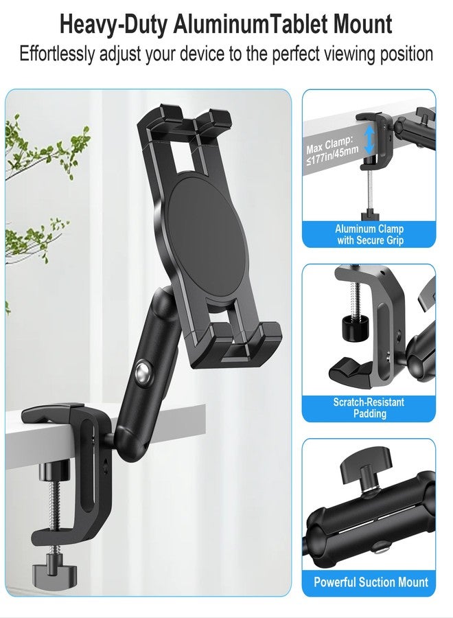 TeQable iPad Under Cabinet Mount, Kitchen Tablet Mount Holder, iPad Desk Mount w/Clamp, Aluminum Base&Metal Arm, 360° Rotation, Compatible with 4.7"-12.9" iPad Pro/Air/Mini/Kindles/Galaxy Tab/Phones - Image 4