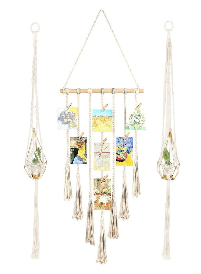 LATT Hanging Photo Display Picture Frame Macrame Wall Decor Hanging Pictures Organizer for Wall Bedroom Home Decoration 25 Wood Clips (Cream) - Image 1