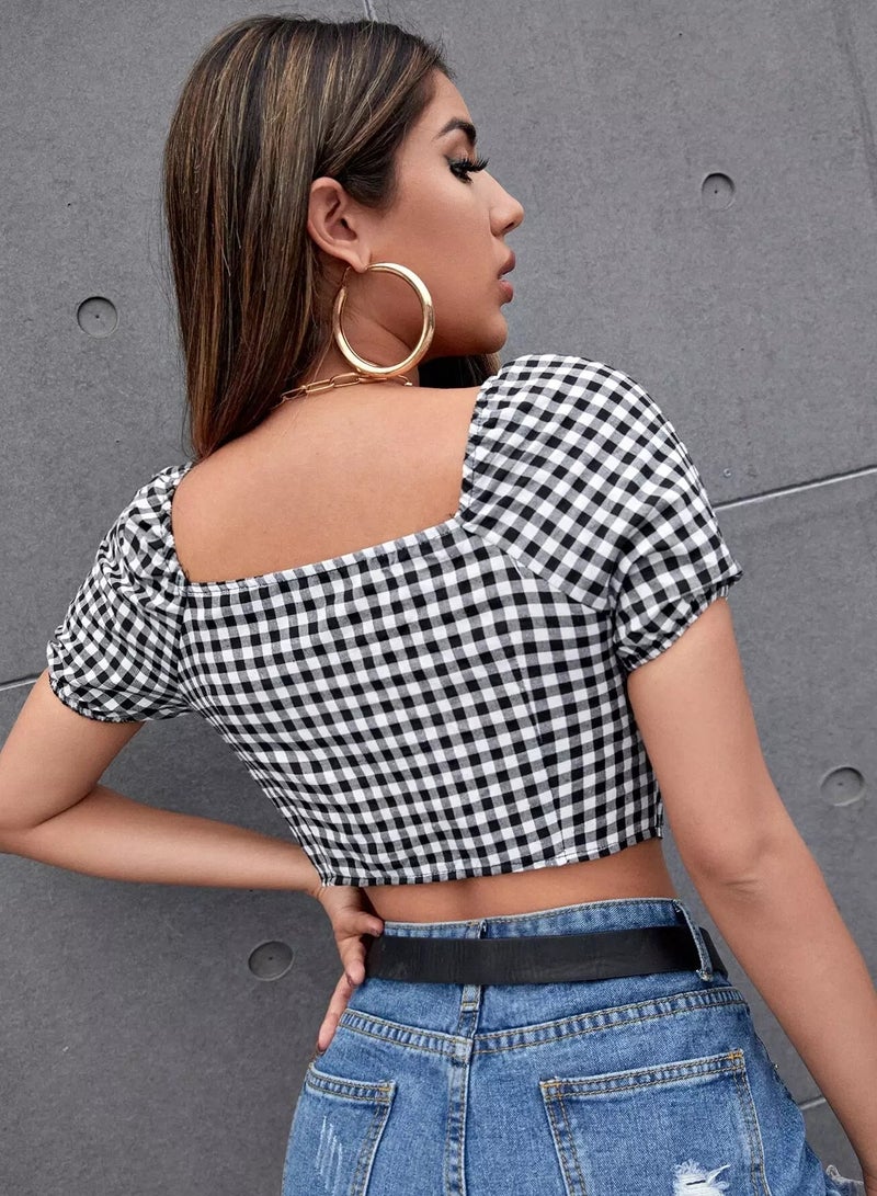 Gingham Sweetheart Button Up Bustier Blouse - Image 2