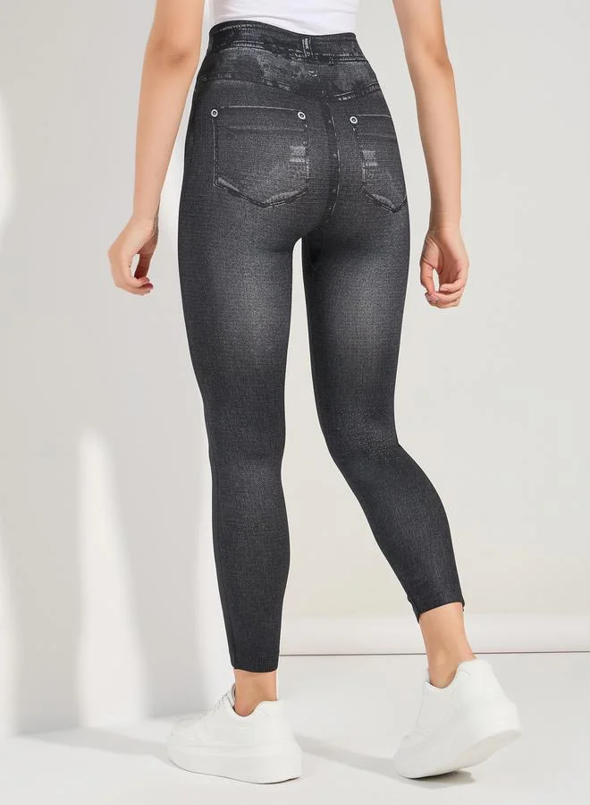 Take Two High Elastic Denim Look Printed Leggings