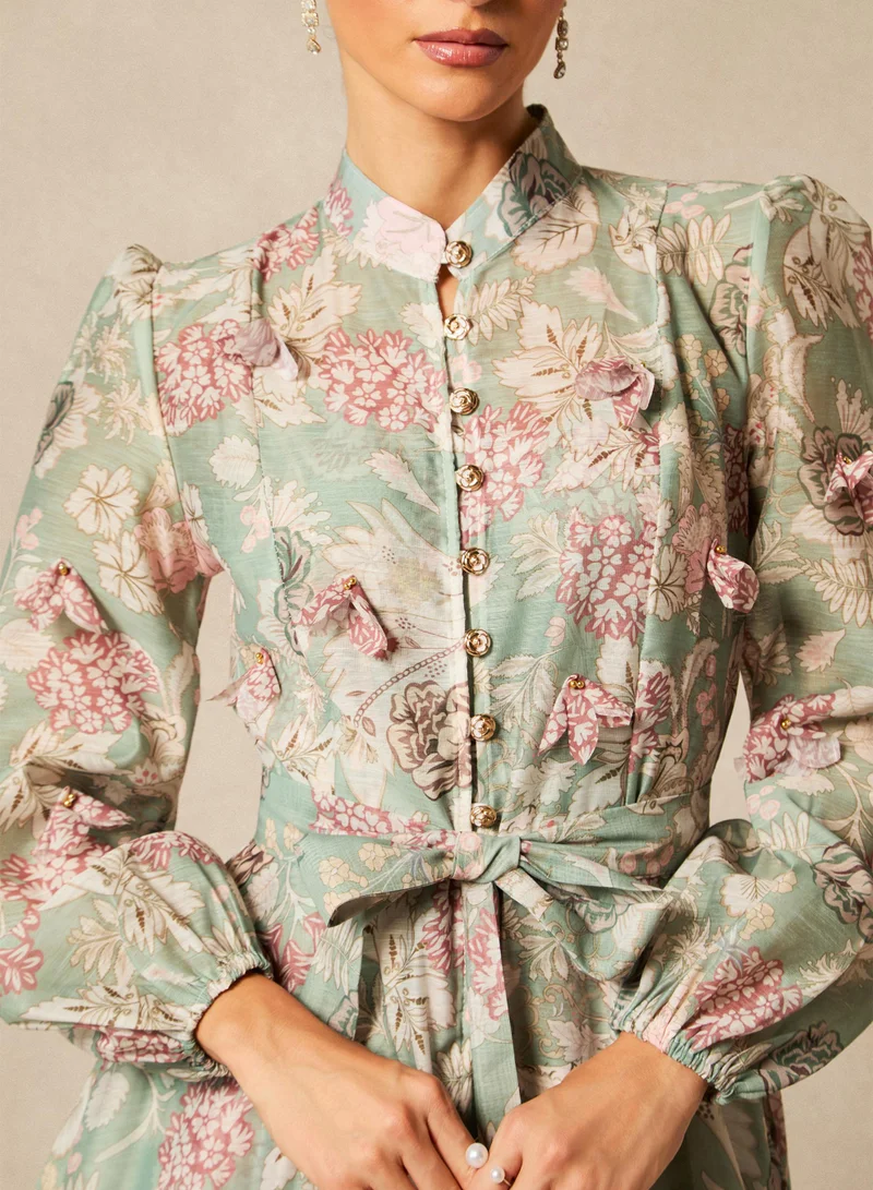 Sunfere Green Sophie Floral Print Long Sleeve Midi Dress for Women | Best Price UAE