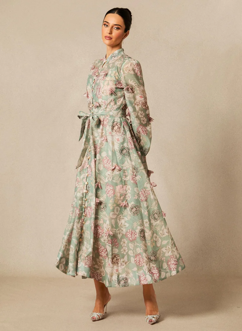Sunfere Green Sophie Floral Print Long Sleeve Midi Dress for Women | Best Price UAE
