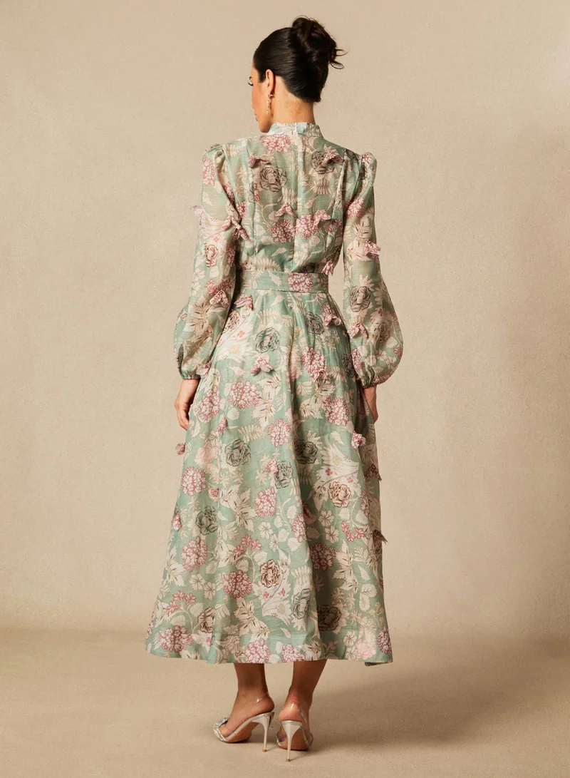 Sunfere Green Sophie Floral Print Long Sleeve Midi Dress for Women | Best Price UAE