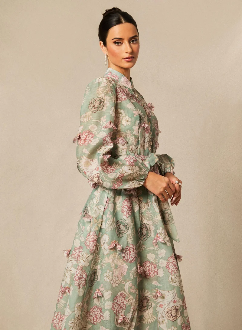 Sunfere Green Sophie Floral Print Long Sleeve Midi Dress for Women | Best Price UAE