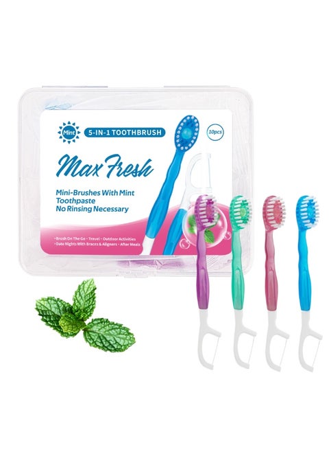 5 In 1 Mini Toothbrush & Floss & Tongue Scraper & Toothpick Set, , Disposable Mini Toothbrushes  With Bursting Beads, No Toothpaste Required,Convenient And Easy to Carry, Cleans The Mouth and Freshens Breath 10pcs（Mixed Flavor）