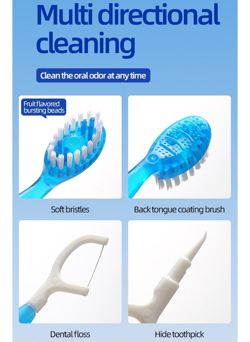 5 In 1 Mini Toothbrush & Floss & Tongue Scraper & Toothpick Set, , Disposable Mini Toothbrushes  With Bursting Beads, No Toothpaste Required,Convenient And Easy to Carry, Cleans The Mouth and Freshens Breath 10pcs（Mixed Flavor）