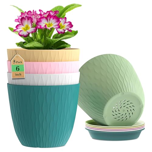 Eightiz (Pack of 5 6 Inch Plastic Flower Pots for Indoor & Outdoor Terrace,Garden Plants Decorative Planters with Drainage Holes & Matching Saucers Durable & Lightweight (Multicolour) - Image 1