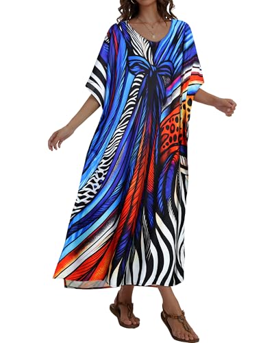 JILUVIN Kaftan Dresses for Women Plus Size V Neck Caftan Long Batwing Sleeve Swimsuit Cover Up Beach Swimwear 2026 (Blue Bowknot,One Size) - Image 4