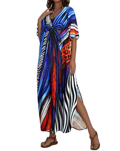 JILUVIN Kaftan Dresses for Women Plus Size V Neck Caftan Long Batwing Sleeve Swimsuit Cover Up Beach Swimwear 2026 (Blue Bowknot,One Size) - Image 5