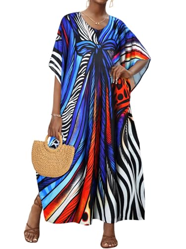 JILUVIN Kaftan Dresses for Women Plus Size V Neck Caftan Long Batwing Sleeve Swimsuit Cover Up Beach Swimwear 2026 (Blue Bowknot,One Size) - Image 1