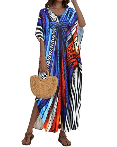 JILUVIN Kaftan Dresses for Women Plus Size V Neck Caftan Long Batwing Sleeve Swimsuit Cover Up Beach Swimwear 2026 (Blue Bowknot,One Size) - Image 3