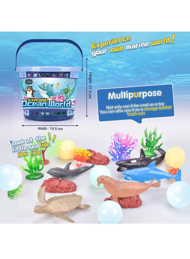 Little Story 21 Pieces Ocean World Bucket Set 5 Pieces With Marine Animal, 5 Pieces Ocean Ball Accessories And 1 Basket - Image 3