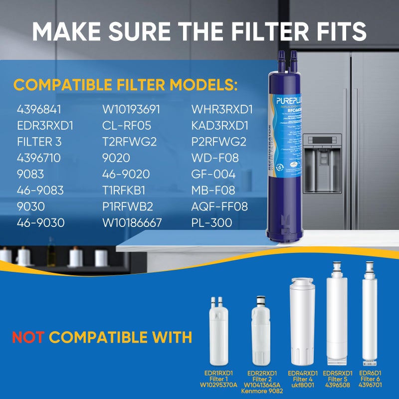 Pure Plus PUREPLUS Compatible with 4396841, 4396710, EverydropÂ® Filter 3, EDR3RXD1, 46-9083, 46-9030, 9030, 9083, Refrigerator Water Filter, 3Pack - Image 2