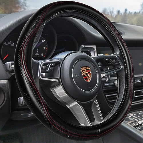 HAOKAY Top Grade Black Genuine Leather Steering Wheel Cover Women Men Luxury Steering Wheel Cover for Cars SUVS and Trucks Universal 14515 inch - Image 1