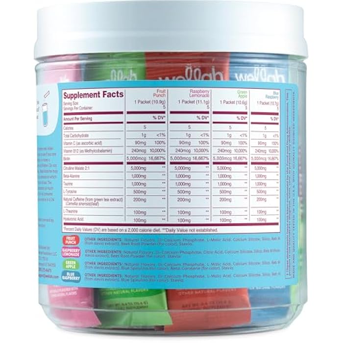 Wellah Get-Going Pre-Workout Variety Pack (20 Stick Packs) - 200mg Natural Caffeine, Stevia-Sweetened, with Citrulline Malate and L-Theanine, & 1000mg of Beta-Alanine - Image 4