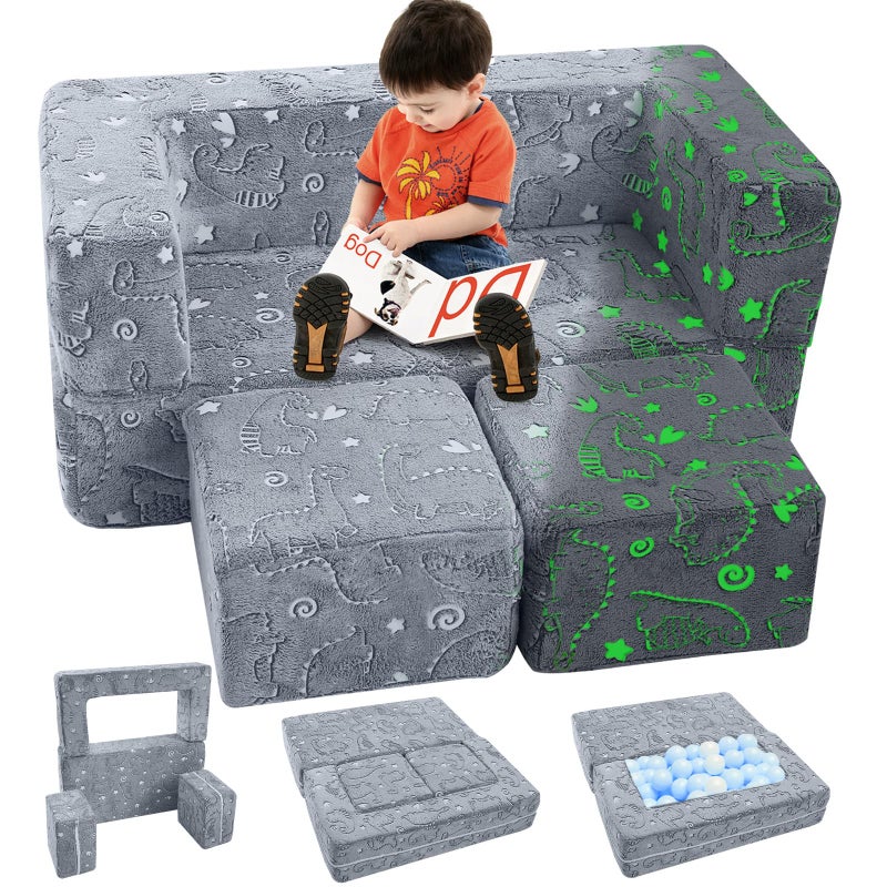 MeMoreCool Kids Sofa Bed Modular Toddler Chair Couch Glow in The Dark Baby Mini Couch Lounger Fold Out Kids Bedroom Furniture for Playroom Grey Dinosaur