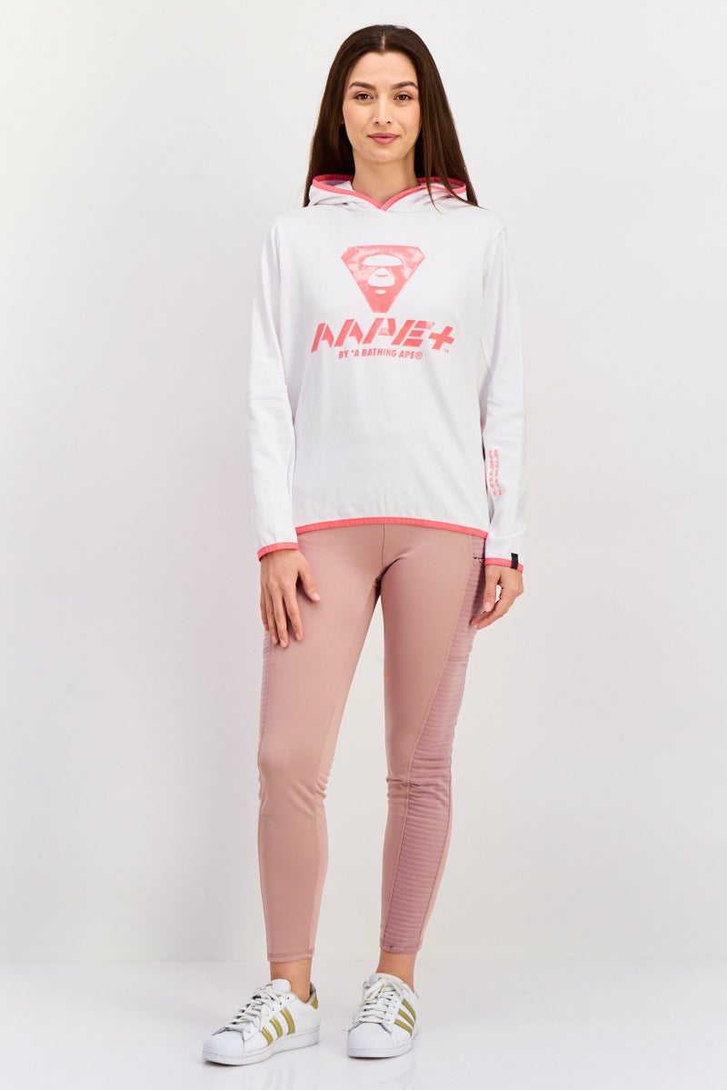 Aape BY *A BATHING APE® سويت شيرت بغطاء رأس بأكمام طويلة للنساء بشعار العلامة التجارية، أبيض - Image 4