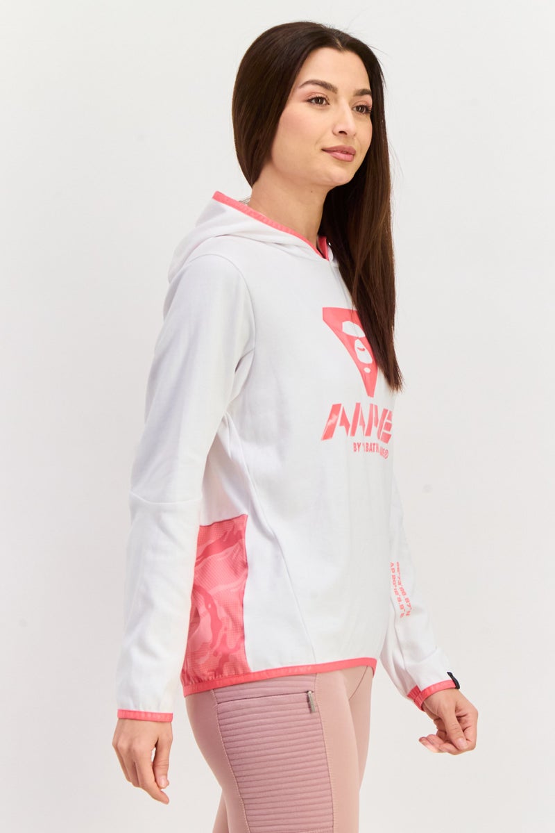 Aape BY *A BATHING APE® سويت شيرت بغطاء رأس بأكمام طويلة للنساء بشعار العلامة التجارية، أبيض - Image 2