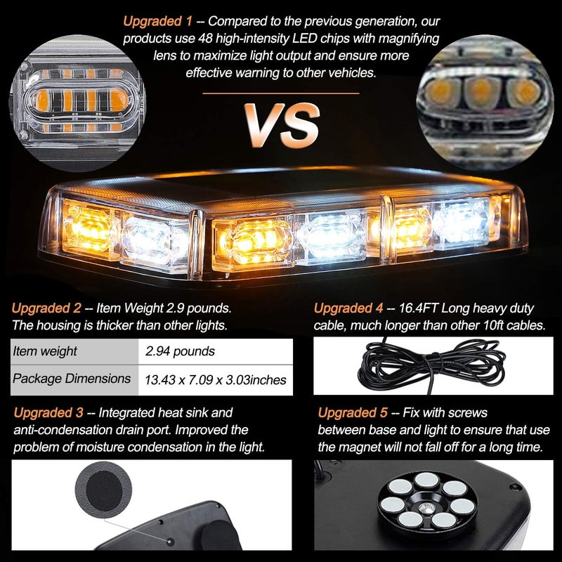 ASPL [Upgraded 5] 48LED Roof Top Strobe Lights, High Visibility Emergency Safety Warning LED Mini Strobe Light bar with Magnetic Base for 12-24V Snow Plow, Trucks, Construction Vehicles (Amber/White) - Image 2