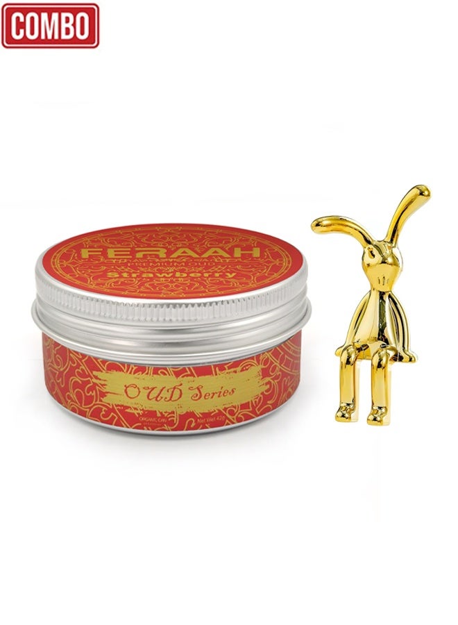 Premium Oud Strawberry Air Freshener Combo with Golden Sitting Bunny Decor | Long-Lasting Fragrance for Car Home Office | Organic Spill-Proof Freshener - Image 1