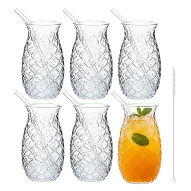 Set of 6 16 Oz Pineapple Drinking Glasses with Straws - Retro Relief Clear Cocktail Wine Glasses for Cocktail, Wine, Juice, Water, Milk Christmas and Party Use - Image 1