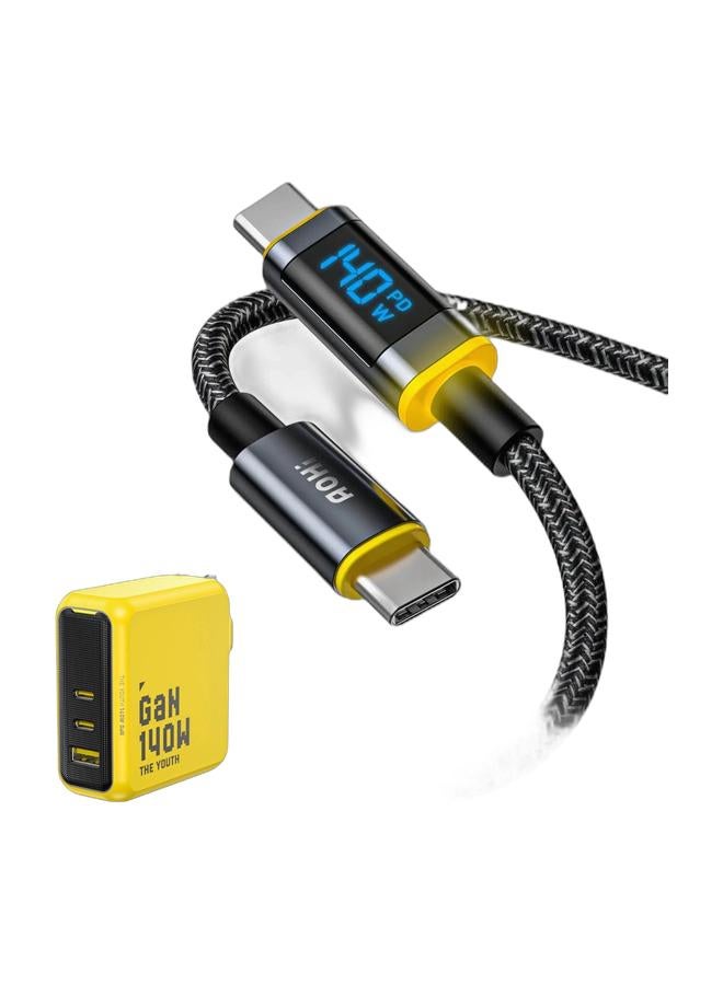 AOHI Youth 140W USB-C GaN+ Fast Charger, 3-Port PD3.1 PPS Wall Charger with UK Plug, 100W Laptop Charger Power Adapter for MacBook Pro 16'', Dell XPS, iPhone 17 Pro Max, iPad Pro, Chromebook, Tablet (Yellow/Black) & AOHI Magline+ 140W Nylon USB-C to USB-C Cable with LED Display, 1.2m Type-C Fast Charging Cable Cord, Compatible with iPhone 17 Pro Max, Galaxy, MacBook Pro/Air, iPad Pro/Air, Pixel and MoreBundle - Image 1