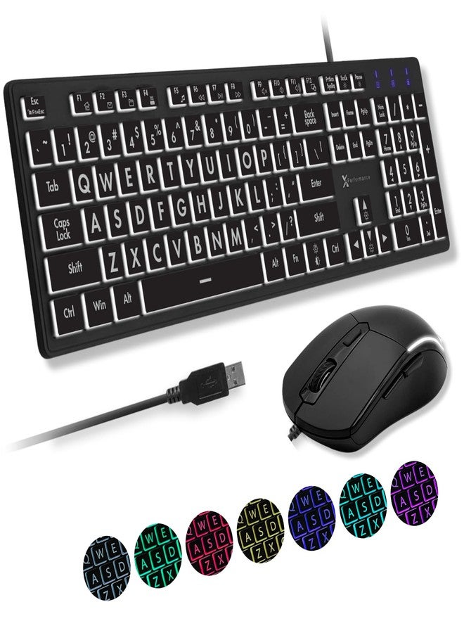 X9 Performance Large Key Keyboard and Mouse Combo - Easy to See 4X Oversize Letters - USB Wired Keyboard Backlit and Mouse Set - Large Print Keyboard for Elderly or Visually Impaired - 7 Color Backlit - Image 1